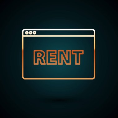 Koyu mavi arkaplanda izole edilmiş metin çevrimiçi kira simgesiyle altın çizgisi asma işareti. Metin Rent 'li pano. Vektör İllüstrasyonu