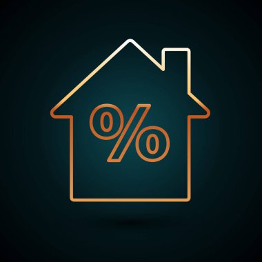 Koyu mavi arka planda izole edilmiş indirimli etiket simgesine sahip altın çizgili ev. Evin yüzdesi tabela fiyatı. Emlak evi. Vektör İllüstrasyonu