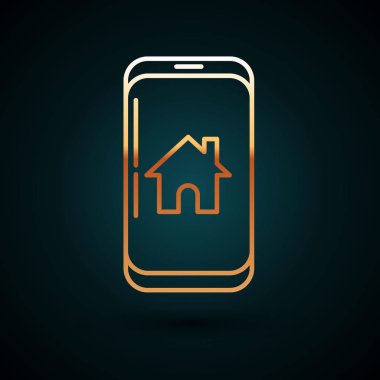 Koyu mavi arka planda izole edilmiş akıllı ev simgesine sahip altın çizgili cep telefonu. Uzaktan kumanda. Vektör İllüstrasyonu