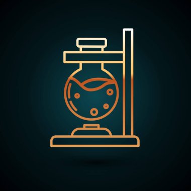 Altın çizgili cam tüp deney tüpü yangın ısıtıcısı üzerinde koyu mavi arka planda izole edilmiş deney ikonu. Laboratuvar ekipmanları. Vektör İllüstrasyonu