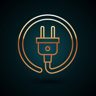Altın çizgili elektrik prizi simgesi koyu mavi arkaplanda izole edildi. Bağlantı kavramı ve elektriğin kesilmesi. Vektör İllüstrasyonu