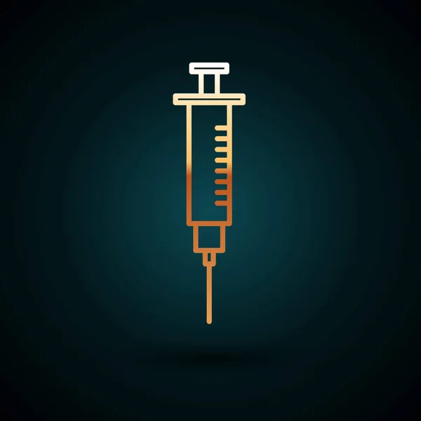 Gouden lijn Spuit pictogram geïsoleerd op donkerblauwe achtergrond. Spuit voor vaccin, vaccinatie, injectie, griepprik. Medische apparatuur. Vector Illustratie — Stockvector