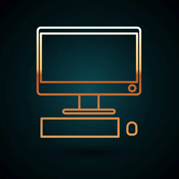 Złota linia Monitor komputerowy z klawiaturą i ikoną myszy na ciemnoniebieskim tle. Znak komponentu komputera. Ilustracja wektora — Wektor stockowy