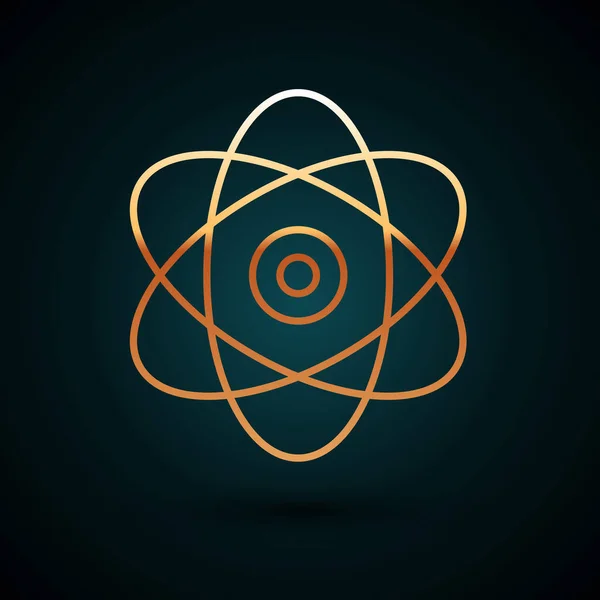 Línea dorada Icono de átomo aislado sobre fondo azul oscuro. Símbolo de ciencia, educación, física nuclear, investigación científica. Señales de electrones y protones. Ilustración vectorial — Vector de stock