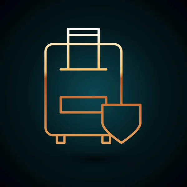 Χρυσή γραμμή Εικονίδιο βαλίτσας ταξιδιού απομονωμένο σε σκούρο μπλε φόντο. Ασφάλιση αποσκευών. Ασφάλεια, ασφάλεια, προστασία, προστασία. Εικονογράφηση διανύσματος — Διανυσματικό Αρχείο