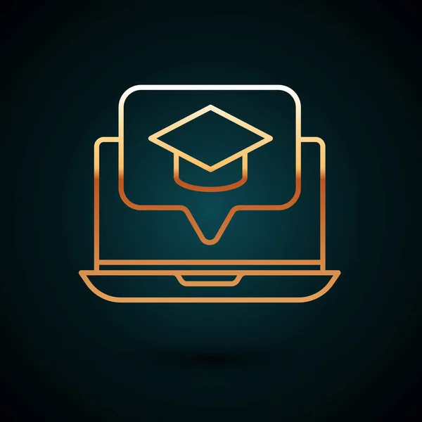 Zlatá čára Graduation čepice na obrazovce notebook ikonu izolované na tmavomodrém pozadí. Online učení nebo e-learning koncept. Vektorová ilustrace — Stockový vektor