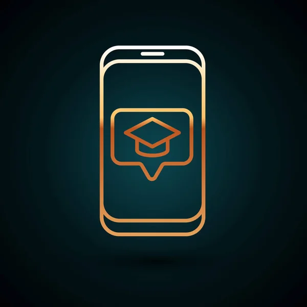 Zlatá čára Graduation čepice na obrazovce smartphone ikonu izolované na tmavomodrém pozadí. Online učení nebo e-learning koncept. Vektorová ilustrace — Stockový vektor