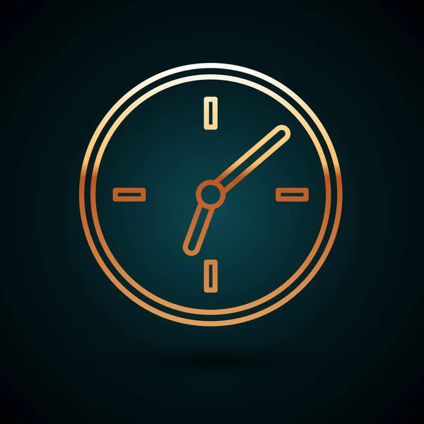 Icono de reloj de línea dorada aislado sobre fondo azul oscuro. Símbolo de tiempo. Ilustración vectorial — Vector de stock