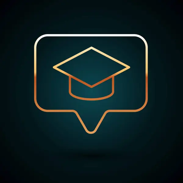 Gouden lijn Graduation cap in spraakbel pictogram geïsoleerd op donkerblauwe achtergrond. Afstudeerhoed met kwastje icoon. Vector Illustratie — Stockvector