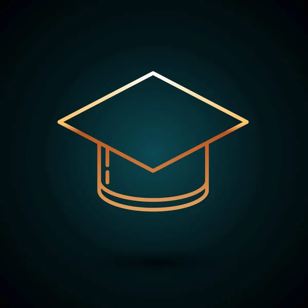 Ligne d'or Icône de casquette de graduation isolé sur fond bleu foncé. Chapeau de graduation avec icône de pompon. Illustration vectorielle — Image vectorielle