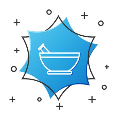 Beyaz çizgi havan ve tokmak simgesi beyaz arkaplanda izole edildi. Mavi altıgen düğmesi. Vektör İllüstrasyonu