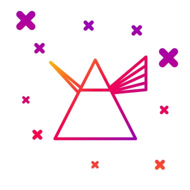 Beyaz arkaplanda izole edilmiş prizma simgesindeki renk çizgisi ışık ışınları. Cam prizmada gökkuşağı spektrum dağılımı optik etkisi. Kademeli rastgele dinamik şekiller. Vektör İllüstrasyonu