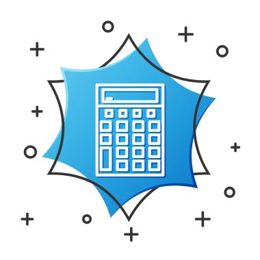 Beyaz çizgi hesap makinesi simgesi beyaz arkaplanda izole edildi. Muhasebe sembolü. İş hesaplamaları matematik eğitimi ve finans. Mavi altıgen düğmesi. Vektör İllüstrasyonu