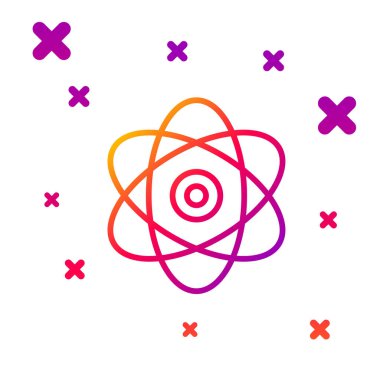 Beyaz arkaplanda izole edilmiş renk çizgisi Atom simgesi. Bilimin, eğitimin, nükleer fiziğin, bilimsel araştırmaların sembolü. Elektron ve proton işaretleri. Kademeli rastgele dinamik şekiller. Vektör İllüstrasyonu