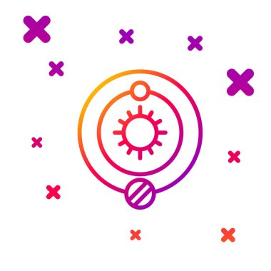 Beyaz arkaplanda izole edilmiş renk çizgisi güneş sistemi simgesi. Gezegenler yıldızın etrafında dönerler. Kademeli rastgele dinamik şekiller. Vektör İllüstrasyonu