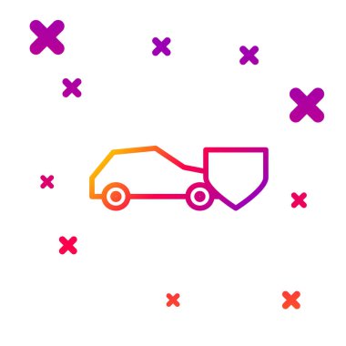 Beyaz zemin üzerinde kalkan simgesi olan renkli araba. Sigorta konsepti. Güvenlik, güvenlik, koruma, konsept koruma. Kademeli rastgele dinamik şekiller. Vektör İllüstrasyonu