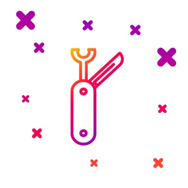 Beyaz arka planda izole edilmiş renk çizgisi İsviçre çakısı ikonu. Çoklu alet, çok amaçlı çakı. Çok fonksiyonlu bir alet. Kademeli rastgele dinamik şekiller. Vektör İllüstrasyonu