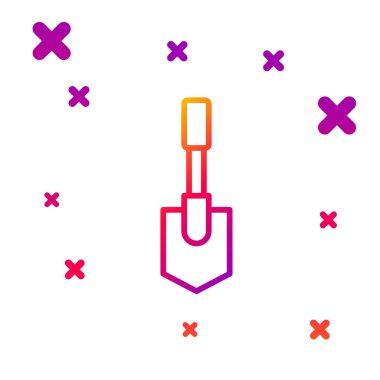 Beyaz arkaplanda renk çizgisi kürek simgesi izole edildi. Bahçe aletleri. Bahçecilik, tarım, çiftçilik aleti. Kademeli rastgele dinamik şekiller. Vektör İllüstrasyonu