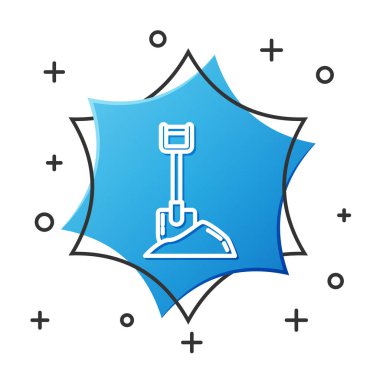 Yer ikonundaki beyaz çizgi küreği beyaz arkaplanda izole edilmiş. Bahçe aletleri. Bahçecilik, tarım, çiftçilik aleti. Mavi altıgen düğmesi. Vektör İllüstrasyonu