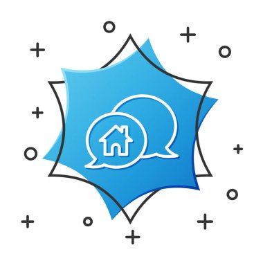 Beyaz çizgi binası konuşma baloncuğu simgesi olarak beyaz arka planda izole edildi. Emlak konsepti. Mavi altıgen düğmesi. Vektör İllüstrasyonu