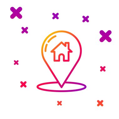 Beyaz arkaplanda ev simgesi izole edilmiş renk çizgisi haritası işaretçisi. Ev konumu belirleyici sembol. Kademeli rastgele dinamik şekiller. Vektör İllüstrasyonu