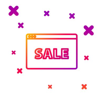 Beyaz arkaplanda izole edilmiş metin çevrimiçi satış simgesi olan renk çizgisi asma işareti. Mesaj indirimli tabela. Kademeli rastgele dinamik şekiller. Vektör İllüstrasyonu