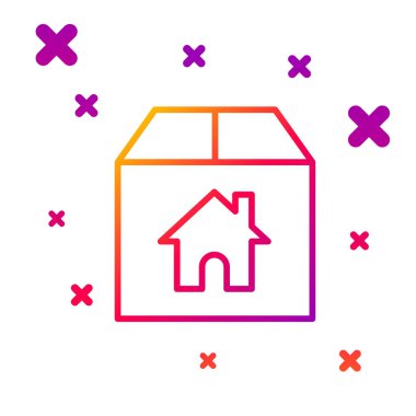 Beyaz zemin üzerinde ev sembolü simgesi olan renkli karton kutu. Kutu, paket, paket işareti. Teslimat, ulaşım ve nakliye. Kademeli rastgele dinamik şekiller. Vektör İllüstrasyonu