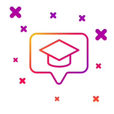 Beyaz arkaplanda izole edilmiş konuşma baloncuğu simgesindeki renk çizgisi mezuniyet başlığı. Tassel ikonlu mezuniyet şapkası. Kademeli rastgele dinamik şekiller. Vektör İllüstrasyonu