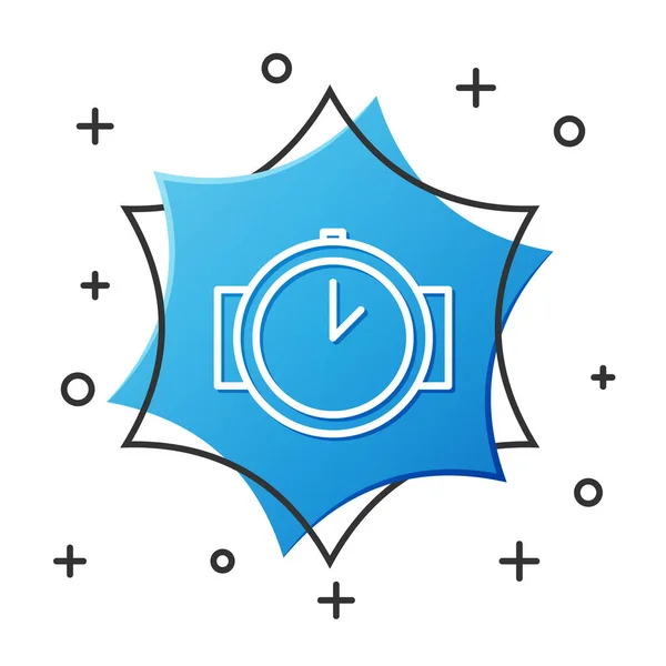 Bílá čára Potápěčské hodinky ikona izolované na bílém pozadí. Potápěčské vybavení. Modré šestiúhelníkové tlačítko. Vektorová ilustrace — Stockový vektor