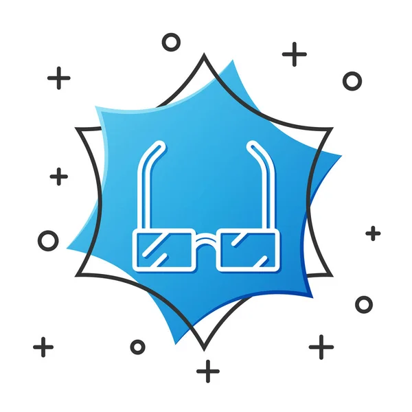Ligne blanche Icône de lunettes isolée sur fond blanc. Symbole de monture de lunettes. Bouton hexagonal bleu. Illustration vectorielle — Image vectorielle