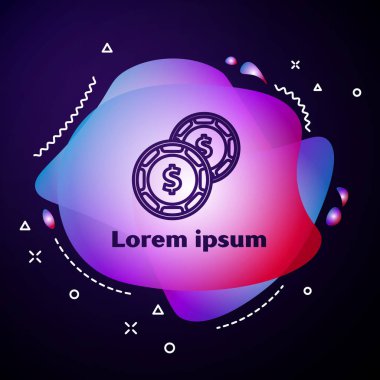 Mavi arka planda dolar sembolü olan mor çizgi kumarhane çipi. Kumarhane kumarı. Sıvı şekilli soyut pankart. Vektör İllüstrasyonu