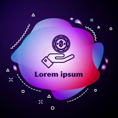 Mor Çizgili El, mavi arka planda izole edilmiş kumarhane fişleri simgesini tutuyor. Kumarhane kumarı. Sıvı şekilli soyut pankart. Vektör İllüstrasyonu