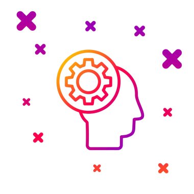 Beyaz arka planda izole edilmiş ikon içindeki teçhizatla insan kafası renk çizgisi. Yapay zeka. Beyin işaretini düşünüyorum. Beynin sembol çalışması. Kademeli rastgele dinamik şekiller. Vektör İllüstrasyonu