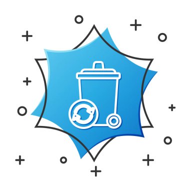 Beyaz arkaplanda izole edilmiş geri dönüşüm sembolü simgesi olan beyaz çizgi geri dönüşüm kutusu. Çöp kutusu simgesi. Çöp kutusu tabelası. Geri dönüşüm sepeti işareti. Mavi altıgen düğmesi. Vektör İllüstrasyonu