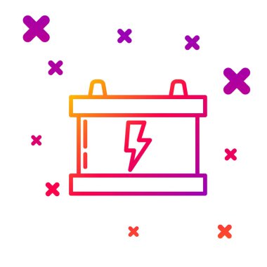 Renkli araba aküsü simgesi beyaz arkaplanda izole edildi. Akümülatör bataryası enerji ve elektrik akümülatörü bataryası. Şimşek çaktı. Kademeli rastgele dinamik şekiller. Vektör İllüstrasyonu