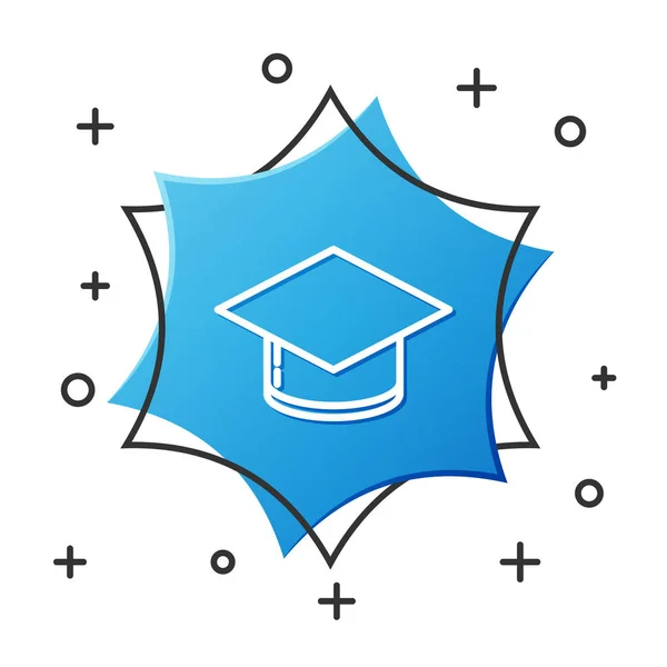 Línea blanca Icono de la tapa de graduación aislado sobre fondo blanco. Sombrero de graduación con icono de borla. Botón hexágono azul. Ilustración vectorial — Vector de stock