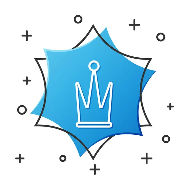 Weiße Linie Krone Symbol isoliert auf weißem Hintergrund. blauer Sechskant-Knopf. Vektorillustration — Stockvektor
