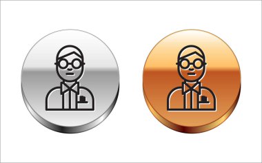 Siyah çizgi bilim adamı simgesi beyaz arkaplanda izole edildi. Gümüş-altın halka düğmesi. Vektör İllüstrasyonu