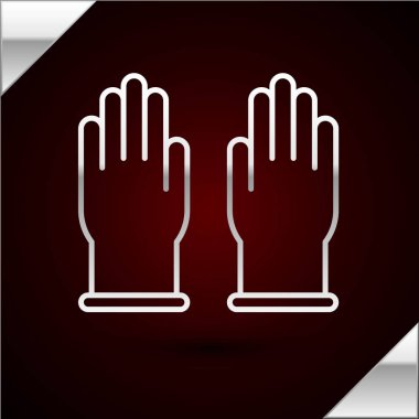 Gümüş çizgili lastik eldiven ikonu koyu kırmızı arka planda izole edilmiş. Lateks el koruması işareti. Ev işi temizlik ekipmanları sembolü. Vektör İllüstrasyonu