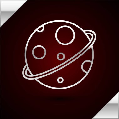 Gümüş Çizgili Gezegen simgesi koyu kırmızı arka planda izole edildi. Vektör İllüstrasyonu