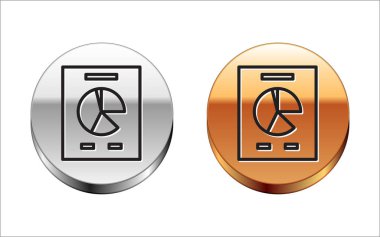 Grafik grafik simgesine sahip siyah çizgi belgesi beyaz arkaplanda izole edildi. Metin dosya simgesini rapor et. Muhasebe tabelası. Denetim, analiz, planlama. Gümüş-altın halka düğmesi. Vektör İllüstrasyonu