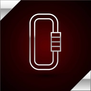 Silver line Carabiner icon isolated on dark red background. Extreme sport. Sport equipment. Vector Illustration