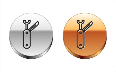 Beyaz arka planda siyah çizgili İsviçre çakısı ikonu var. Çoklu alet, çok amaçlı çakı. Çok fonksiyonlu bir alet. Gümüş-altın halka düğmesi. Vektör İllüstrasyonu