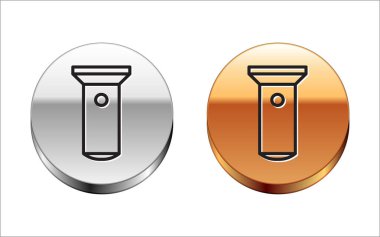 Black line Flashlight icon isolated on white background. Silver-gold circle button. Vector Illustration