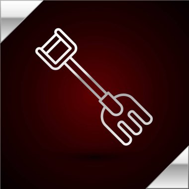 Gümüş çizgili bahçe tırmık ikonu koyu kırmızı arka planda izole edilmiş. Bahçecilik, tarım, çiftçilik aleti. Toprak işçisi. Temizlik ekipmanları. Vektör İllüstrasyonu