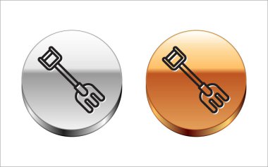 Siyah çizgi bahçe tırmık simgesi beyaz arkaplanda izole edildi. Bahçecilik, tarım, çiftçilik aleti. Toprak işçisi. Temizlik ekipmanları. Gümüş-altın halka düğmesi. Vektör İllüstrasyonu