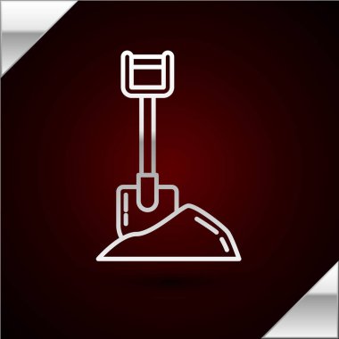 Yer ikonundaki gümüş çizgili kürek koyu kırmızı arka planda izole edilmiş. Bahçe aletleri. Bahçecilik, tarım, çiftçilik aleti. Vektör İllüstrasyonu