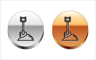 Yer ikonundaki siyah çizgi küreği beyaz arkaplanda izole edilmiş. Bahçe aletleri. Bahçecilik, tarım, çiftçilik aleti. Gümüş-altın halka düğmesi. Vektör İllüstrasyonu