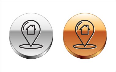 Beyaz zemin üzerinde ev simgesi olan siyah çizgi haritası işaretçisi. Ev konumu belirleyici sembol. Gümüş-altın halka düğmesi. Vektör İllüstrasyonu