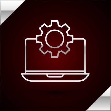 Gümüş çizgi dizüstü bilgisayar ve vites simgesi koyu kırmızı arka planda izole edildi. Laptop servis konsepti. Uygulama ayarlanıyor, seçenekler ayarlanıyor, bakım, onarım, onarım. Vektör İllüstrasyonu